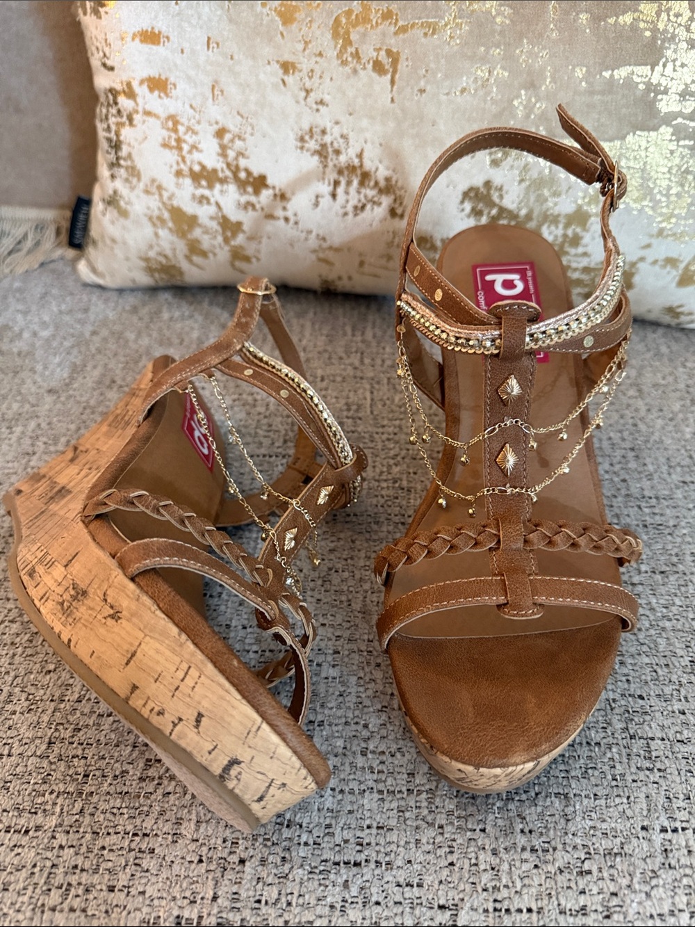 POP Vicara Embellished Cork Wedge Sandals Sz 8M